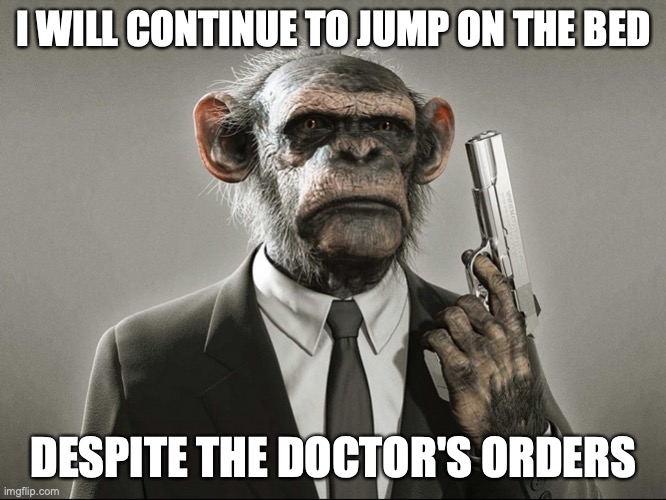 Chimpanzee with Gun | I WILL CONTINUE TO JUMP ON THE BED; DESPITE THE DOCTOR'S ORDERS | image tagged in chimpanzee with gun | made w/ Imgflip meme maker