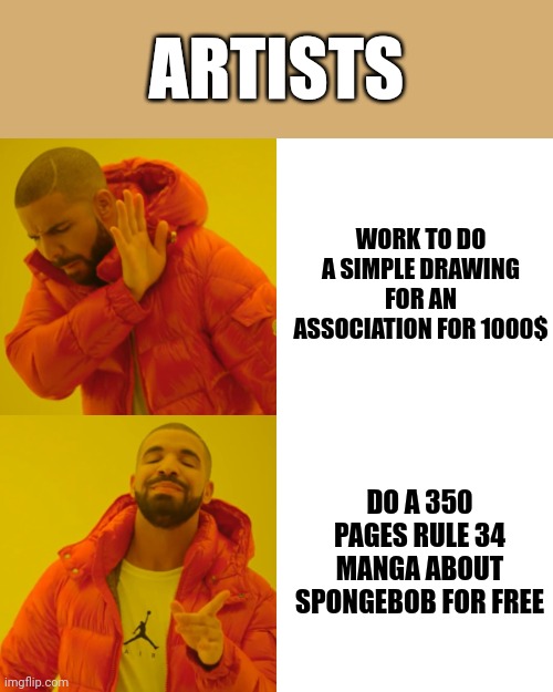 Drake Hotline Bling Meme | ARTISTS; WORK TO DO A SIMPLE DRAWING FOR AN ASSOCIATION FOR 1000$; DO A 350 PAGES RULE 34 MANGA ABOUT SPONGEBOB FOR FREE | image tagged in memes,drake hotline bling | made w/ Imgflip meme maker
