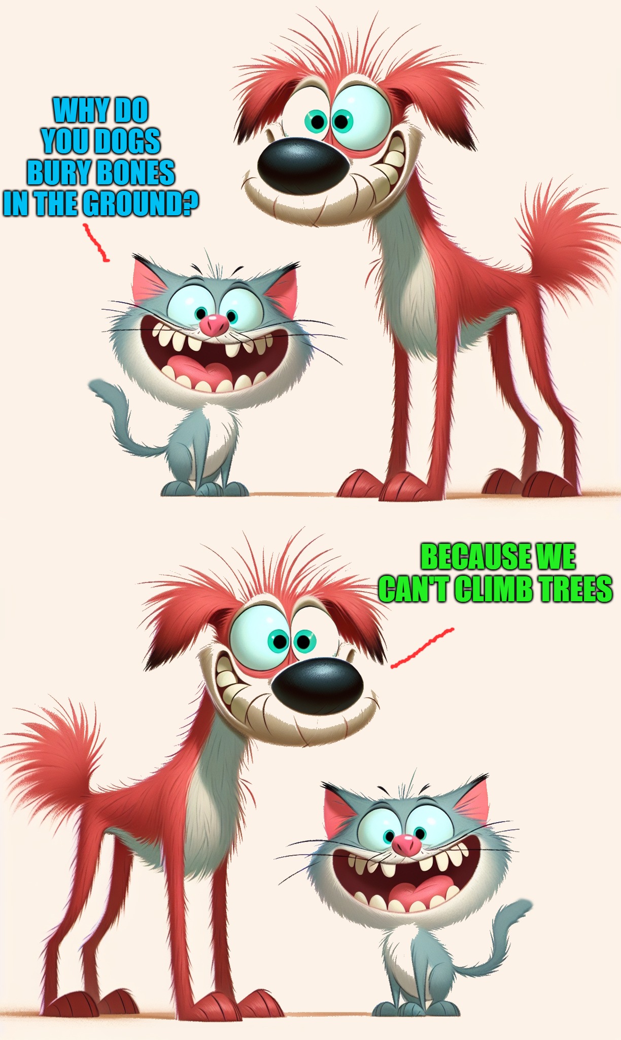 WHY DO YOU DOGS BURY BONES IN THE GROUND? BECAUSE WE CAN'T CLIMB TREES | made w/ Imgflip meme maker