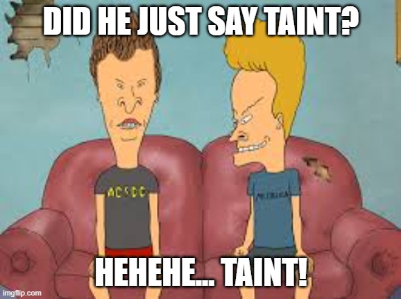 Taint? | DID HE JUST SAY TAINT? HEHEHE... TAINT! | image tagged in bevis n butthead,kubernetes,tolerations,taints | made w/ Imgflip meme maker
