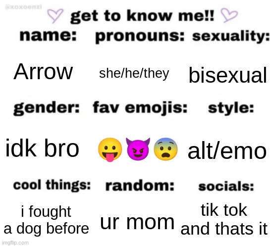 get to know me but better | Arrow; she/he/they; bisexual; 😛😈😨; alt/emo; idk bro; tik tok and thats it; ur mom; i fought a dog before | image tagged in get to know me but better | made w/ Imgflip meme maker