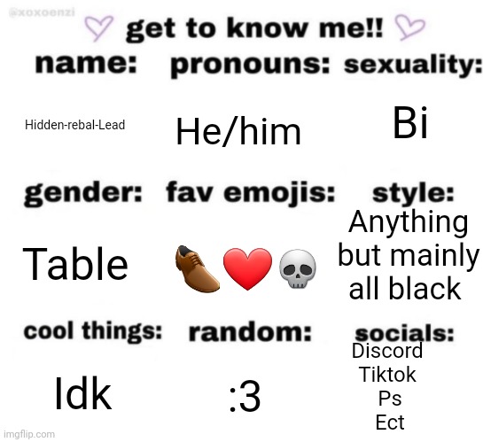 Thing | Bi; Hidden-rebal-Lead; He/him; Anything but mainly all black; 👞❤💀; Table; Discord 
Tiktok 
Ps
Ect; :3; Idk | image tagged in get to know me but better,memes,funny | made w/ Imgflip meme maker