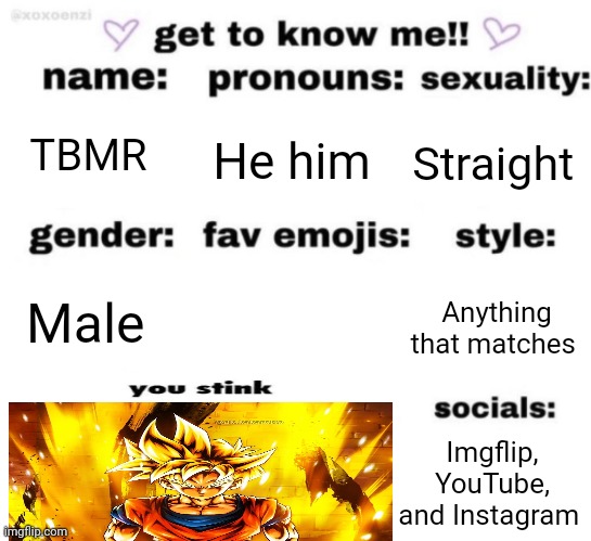 get to know me but better | TBMR; He him; Straight; Anything that matches; Male; Imgflip, YouTube, and Instagram | image tagged in get to know me but better | made w/ Imgflip meme maker