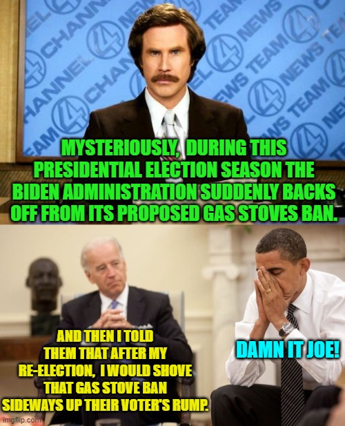 Show us how stupid you can be Dems.  Vote for Biden again. | MYSTERIOUSLY,  DURING THIS PRESIDENTIAL ELECTION SEASON THE BIDEN ADMINISTRATION SUDDENLY BACKS OFF FROM ITS PROPOSED GAS STOVES BAN. AND THEN I TOLD THEM THAT AFTER MY RE-ELECTION,  I WOULD SHOVE THAT GAS STOVE BAN SIDEWAYS UP THEIR VOTER'S RUMP. DAMN IT JOE! | image tagged in breaking news | made w/ Imgflip meme maker