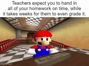Seriously though, a 20 question quiz would only take 5 minutes to look over. | Teachers expect you to hand in all of your homework on time, while it takes weeks for them to even grade it. | image tagged in gifs,memes,relatable memes,relatable,school,school memes | made w/ Imgflip video-to-gif maker