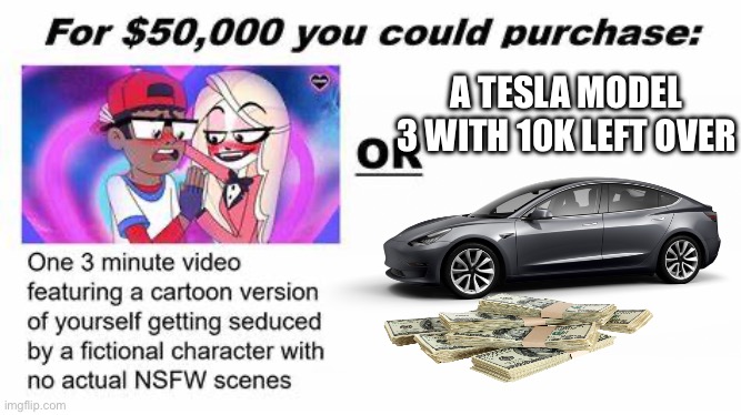 "For $50,000 you could purchase:" | A TESLA MODEL 3 WITH 10K LEFT OVER | image tagged in for 50 000 you could purchase | made w/ Imgflip meme maker