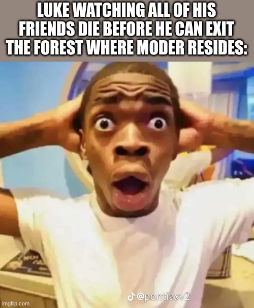 Shocked black guy | LUKE WATCHING ALL OF HIS FRIENDS DIE BEFORE HE CAN EXIT THE FOREST WHERE MODER RESIDES: | image tagged in shocked black guy | made w/ Imgflip meme maker