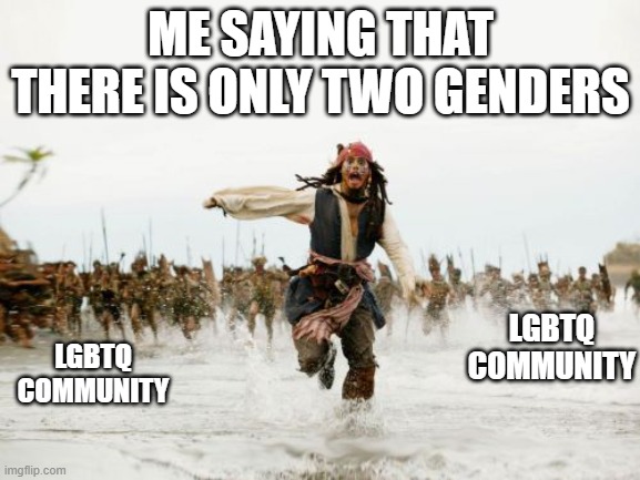 LGBTQ+ | ME SAYING THAT THERE IS ONLY TWO GENDERS; LGBTQ COMMUNITY; LGBTQ COMMUNITY | image tagged in memes,jack sparrow being chased | made w/ Imgflip meme maker