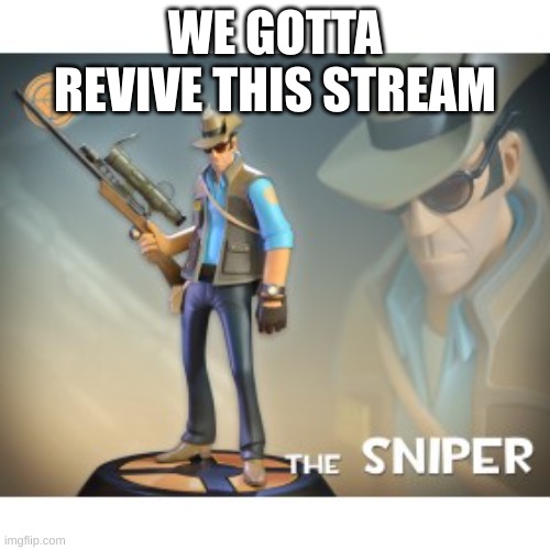 The Sniper TF2 meme | WE GOTTA REVIVE THIS STREAM | image tagged in the sniper tf2 meme | made w/ Imgflip meme maker