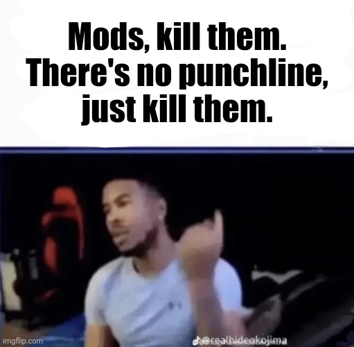 Mods. Pin him down and twist his nuts counter-clockwise. | Mods, kill them.
There's no punchline, just kill them. | image tagged in mods pin him down and twist his nuts counter-clockwise | made w/ Imgflip meme maker