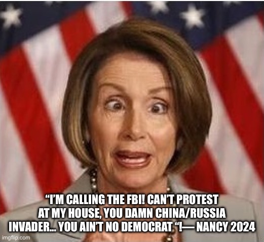 Nancy get a taste of democracy | “I’M CALLING THE FBI! CAN’T PROTEST AT MY HOUSE, YOU DAMN CHINA/RUSSIA INVADER… YOU AIN’T NO DEMOCRAT “!— NANCY 2024 | image tagged in polosi,memes,gifs,monkey puppet,upvotes | made w/ Imgflip meme maker