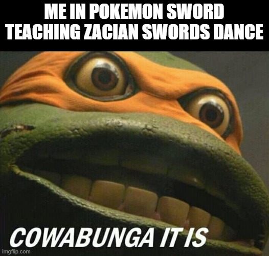 Swords Dance Zacian is OP | ME IN POKEMON SWORD TEACHING ZACIAN SWORDS DANCE | image tagged in cowabunga it is | made w/ Imgflip meme maker