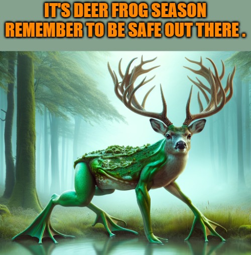 Deer frog season | IT'S DEER FROG SEASON REMEMBER TO BE SAFE OUT THERE . | image tagged in deer frog,photoshop,and a i,kewlew | made w/ Imgflip meme maker