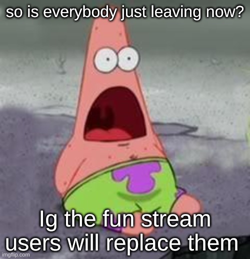 Suprised Patrick | so is everybody just leaving now? Ig the fun stream users will replace them | image tagged in suprised patrick | made w/ Imgflip meme maker