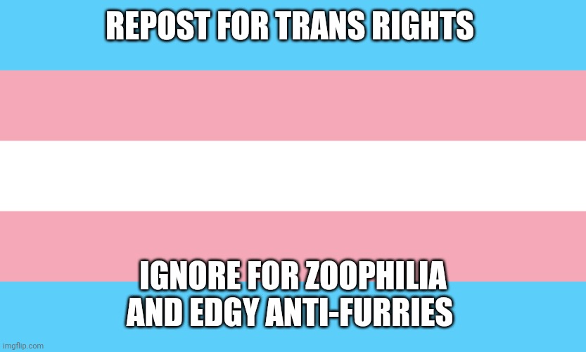 :3 | REPOST FOR TRANS RIGHTS; IGNORE FOR ZOOPHILIA AND EDGY ANTI-FURRIES | image tagged in transgender flag,trans rights are human rights | made w/ Imgflip meme maker