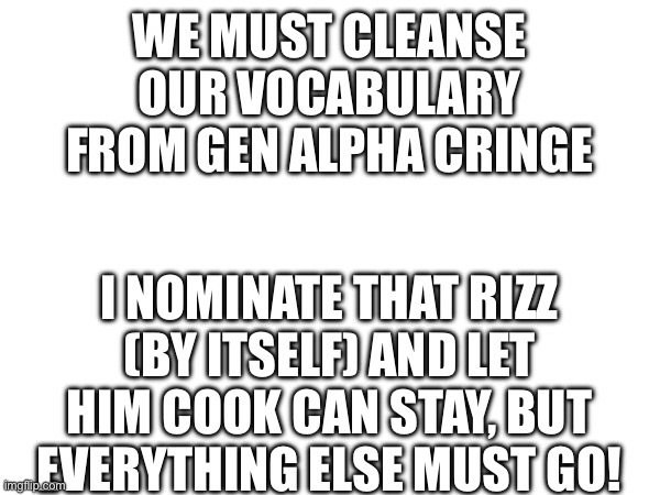 Announcement | WE MUST CLEANSE OUR VOCABULARY FROM GEN ALPHA CRINGE; I NOMINATE THAT RIZZ (BY ITSELF) AND LET HIM COOK CAN STAY, BUT EVERYTHING ELSE MUST GO! | image tagged in cringe,gen alpha,gen z,announcement,public service announcement | made w/ Imgflip meme maker