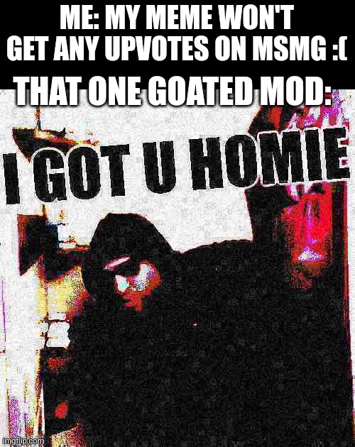 Ty mods | ME: MY MEME WON'T GET ANY UPVOTES ON MSMG :(; THAT ONE GOATED MOD: | image tagged in i got u homie deep-fried 2,memes | made w/ Imgflip meme maker