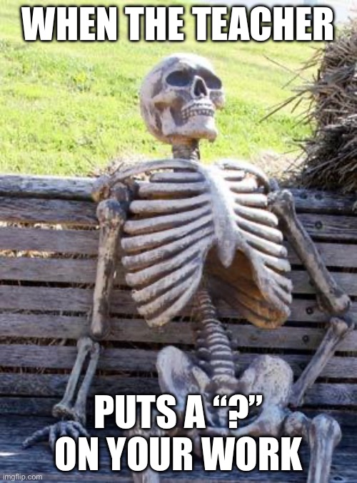 ? | WHEN THE TEACHER; PUTS A “?” ON YOUR WORK | image tagged in memes,waiting skeleton | made w/ Imgflip meme maker