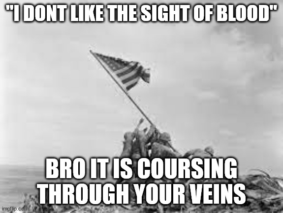 raising the flag | "I DONT LIKE THE SIGHT OF BLOOD"; BRO IT IS COURSING THROUGH YOUR VEINS | image tagged in raising the flag | made w/ Imgflip meme maker