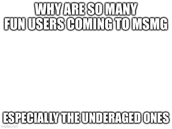 Blank White Template | WHY ARE SO MANY FUN USERS COMING TO MSMG; ESPECIALLY THE UNDERAGED ONES | image tagged in blank white template | made w/ Imgflip meme maker