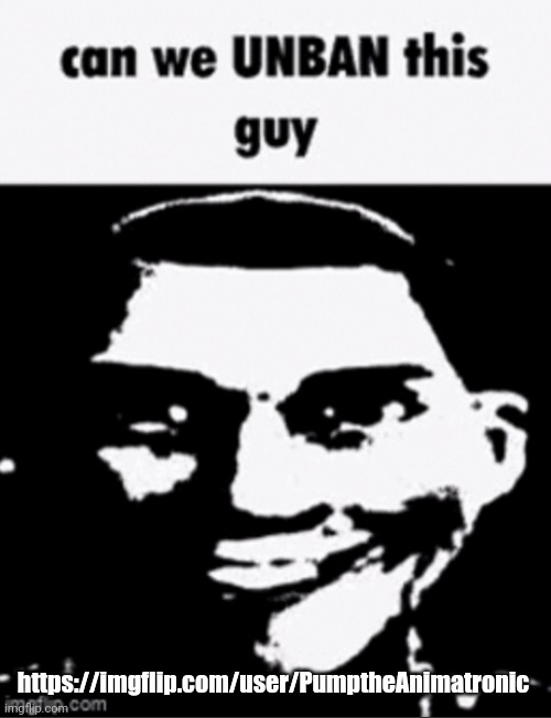 can we unban this guy | https://imgflip.com/user/PumptheAnimatronic | image tagged in can we unban this guy | made w/ Imgflip meme maker