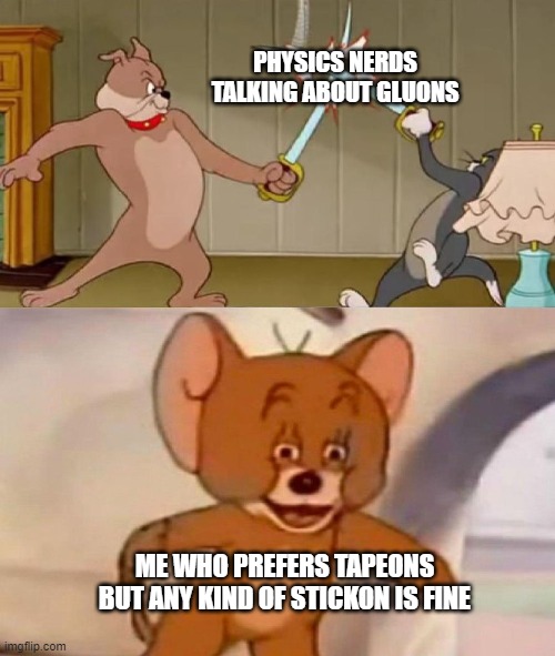 Tom and Jerry swordfight | PHYSICS NERDS TALKING ABOUT GLUONS; ME WHO PREFERS TAPEONS BUT ANY KIND OF STICKON IS FINE | image tagged in tom and jerry swordfight | made w/ Imgflip meme maker