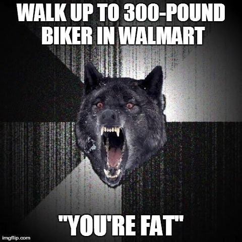 Insanity Wolf Meme | WALK UP TO 300-POUND BIKER IN WALMART "YOU'RE FAT" | image tagged in memes,insanity wolf,AdviceAnimals | made w/ Imgflip meme maker