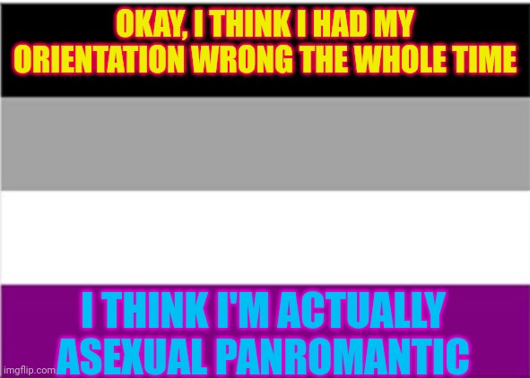 Before I thought I was pansexual and aromantic | OKAY, I THINK I HAD MY ORIENTATION WRONG THE WHOLE TIME; I THINK I'M ACTUALLY ASEXUAL PANROMANTIC | image tagged in asexual flag | made w/ Imgflip meme maker