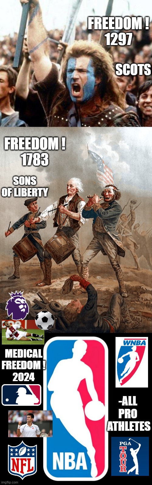MEDICAL FREEDOM ! 2024 Says Dr. Drew & John Stockton NBA Legend | FREEDOM !
1297; SCOTS; FREEDOM !
1783; SONS OF LIBERTY; MEDICAL
FREEDOM !
2024; -ALL 
PRO 
ATHLETES | image tagged in braveheart freedom,revolution,cultural marxism,vaccines,sports,cdc | made w/ Imgflip meme maker