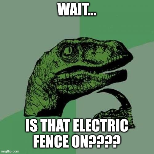 Is that fence on???? | WAIT... IS THAT ELECTRIC FENCE ON???? | image tagged in memes,philosoraptor,jurassic park,jurassicparkfan102504,jpfan102504 | made w/ Imgflip meme maker