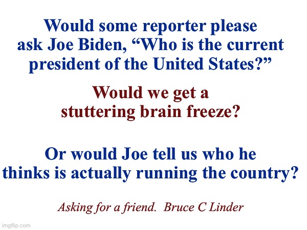 Does anybody really know who is the present POTUS? | Would some reporter please
ask Joe Biden, “Who is the current
president of the United States?”; Would we get a stuttering brain freeze? Or would Joe tell us who he thinks is actually running the country? Asking for a friend.  Bruce C Linder | image tagged in potus,biden,obama,klaus schwab,george soros,hillary | made w/ Imgflip meme maker