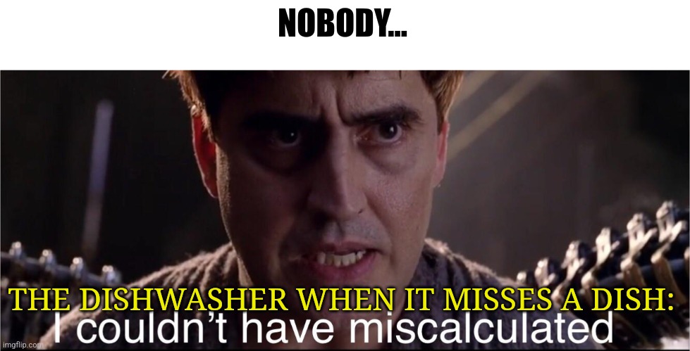 You missed a dish | NOBODY... THE DISHWASHER WHEN IT MISSES A DISH: | image tagged in i couldn't have miscalculated | made w/ Imgflip meme maker