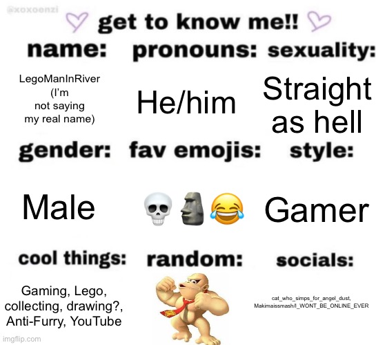 I found this template | LegoManInRiver (I’m not saying my real name); He/him; Straight as hell; 💀🗿😂; Gamer; Male; cat_who_simps_for_angel_dust, Makimaissmash/I_WONT_BE_ONLINE_EVER; Gaming, Lego, collecting, drawing?, Anti-Furry, YouTube | image tagged in get to know me but better,anti furry,gaming,donkey kong,youtube | made w/ Imgflip meme maker