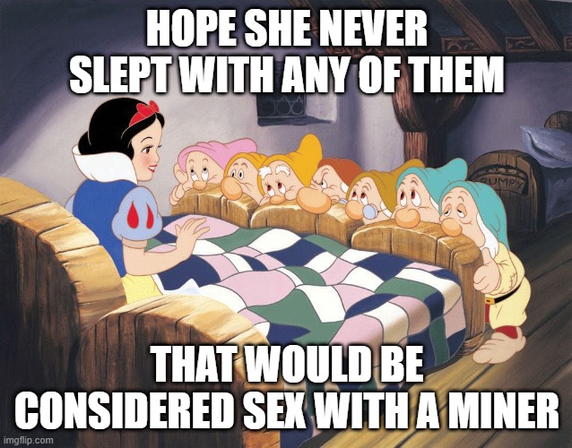 Dirty White | HOPE SHE NEVER SLEPT WITH ANY OF THEM; THAT WOULD BE CONSIDERED SEX WITH A MINER | image tagged in snow white | made w/ Imgflip meme maker