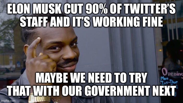Roll Safe Think About It | ELON MUSK CUT 90% OF TWITTER’S STAFF AND IT’S WORKING FINE; MAYBE WE NEED TO TRY THAT WITH OUR GOVERNMENT NEXT | image tagged in memes,roll safe think about it | made w/ Imgflip meme maker