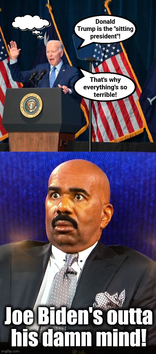 His mind is mashed potatoes, and he's running for reelection?! | Donald
Trump is the "sitting
president"! That's why
everything's so
terrible! Joe Biden's outta
his damn mind! | image tagged in steve harvey wtf face,joe biden,sitting president,donald trump,democrats,dementia | made w/ Imgflip meme maker