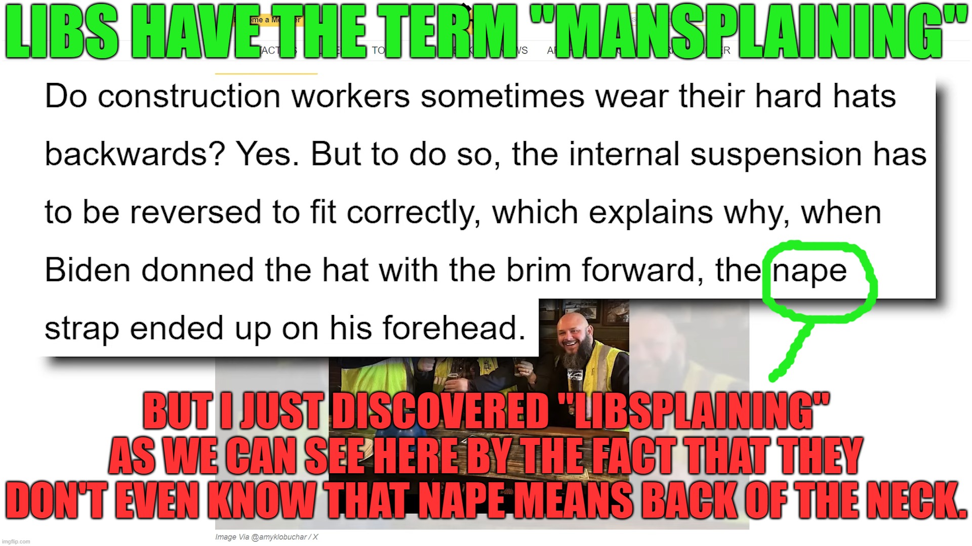 Libsplaining | LIBS HAVE THE TERM "MANSPLAINING"; BUT I JUST DISCOVERED "LIBSPLAINING" AS WE CAN SEE HERE BY THE FACT THAT THEY DON'T EVEN KNOW THAT NAPE MEANS BACK OF THE NECK. | image tagged in libsplaining,mansplaining,fact check | made w/ Imgflip meme maker