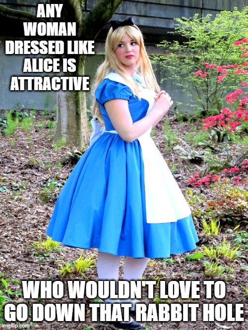 Alice in Wonderland | ANY WOMAN DRESSED LIKE ALICE IS ATTRACTIVE; WHO WOULDN'T LOVE TO GO DOWN THAT RABBIT HOLE | image tagged in sex jokes | made w/ Imgflip meme maker