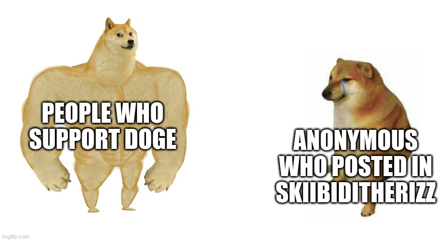 Buff Doge vs Crying Cheems | PEOPLE WHO SUPPORT DOGE; ANONYMOUS WHO POSTED IN SKIIBIDITHERIZZ | image tagged in buff doge vs crying cheems | made w/ Imgflip meme maker