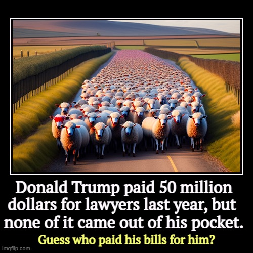 The only reason Trump's lawyers got paid is because it wasn't his money. Trump is famous for stiffing lawyers. | Donald Trump paid 50 million dollars for lawyers last year, but 
none of it came out of his pocket. | Guess who paid his bills for him? | image tagged in funny,demotivationals,don the con,trump,lawyers,sheeple | made w/ Imgflip demotivational maker