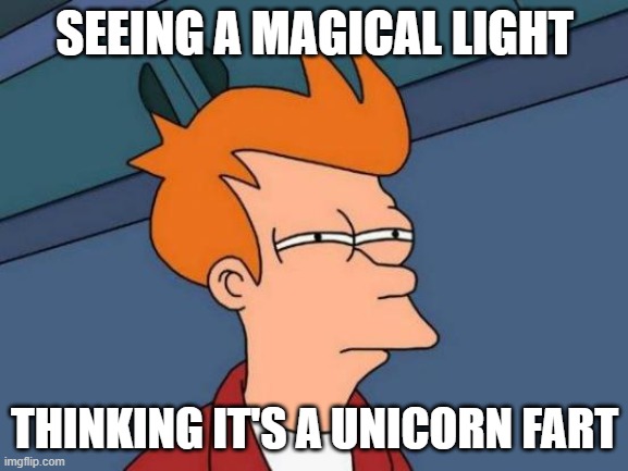 Futurama Fry | SEEING A MAGICAL LIGHT; THINKING IT'S A UNICORN FART | image tagged in memes,futurama fry | made w/ Imgflip meme maker