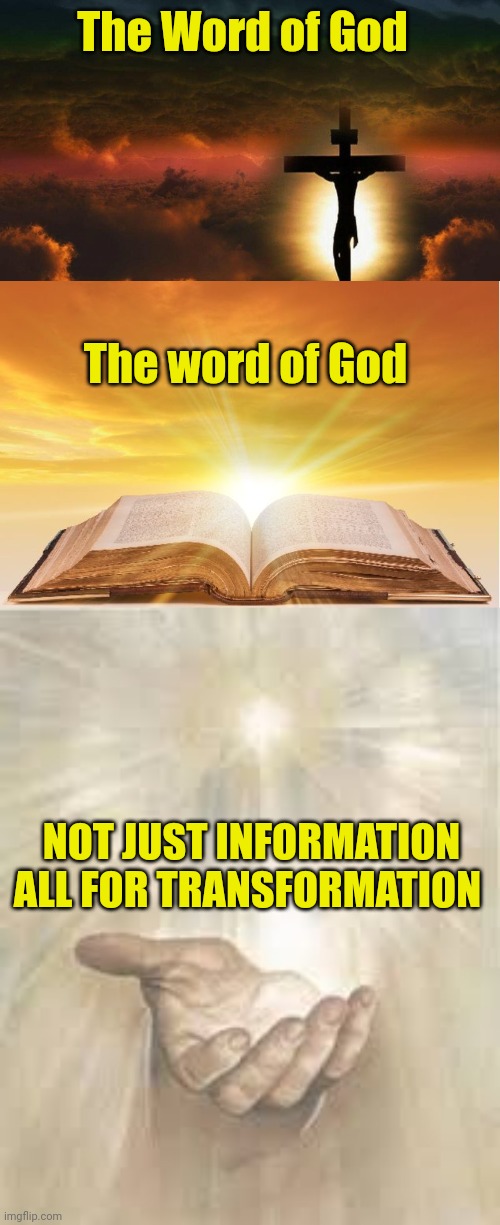 The Word of God; The word of God; NOT JUST INFORMATION
ALL FOR TRANSFORMATION | image tagged in jesus on the cross,open bible,jesus beckoning | made w/ Imgflip meme maker
