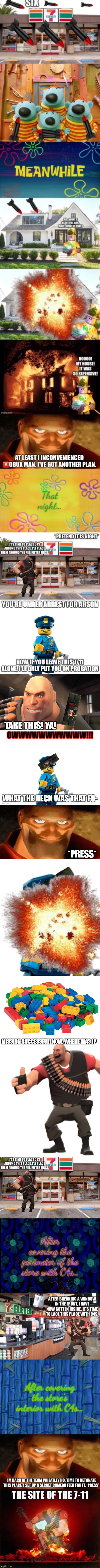 TAKE THIS! YA! *PRESS*; MISSION SUCCESSFUL! NOW, WHERE WAS I? | image tagged in i have yet to meet one who can outsmart bullet,creepy smile heavy tf2,lego,heavy fact | made w/ Imgflip meme maker