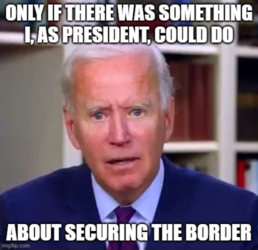 Slow Joe Biden Dementia Face | ONLY IF THERE WAS SOMETHING I, AS PRESIDENT, COULD DO; ABOUT SECURING THE BORDER | image tagged in slow joe biden dementia face | made w/ Imgflip meme maker