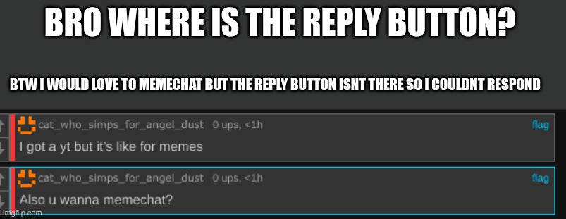 BRO WHERE IS THE REPLY BUTTON? BTW I WOULD LOVE TO MEMECHAT BUT THE REPLY BUTTON ISNT THERE SO I COULDNT RESPOND | made w/ Imgflip meme maker