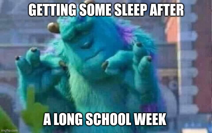 school memes | GETTING SOME SLEEP AFTER; A LONG SCHOOL WEEK | image tagged in sully shutdown,memes,funny,school,sleep,school meme | made w/ Imgflip meme maker
