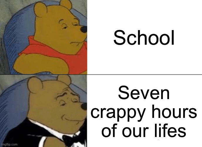 Anyone remember people saying this or was it just me? | School; Seven crappy hours of our lifes | image tagged in memes,tuxedo winnie the pooh | made w/ Imgflip meme maker