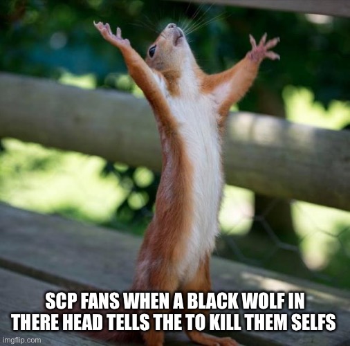 I don’t know I don’t know much about it I should post this somewhere else | SCP FANS WHEN A BLACK WOLF IN THERE HEAD TELLS THE TO KILL THEM SELFS | image tagged in finally | made w/ Imgflip meme maker