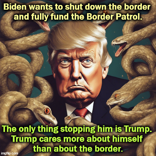Trump wants to protect coyotes, cartels, child traffickers and fentanyl smugglers, just to make Biden look bad. | Biden wants to shut down the border 
and fully fund the Border Patrol. The only thing stopping him is Trump. 
Trump cares more about himself 
than about the border. | image tagged in immigration,biden,strong,trump,weak | made w/ Imgflip meme maker