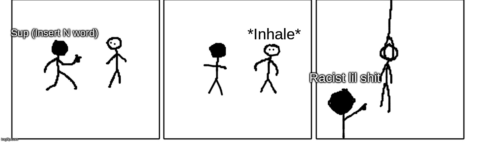 You can probably guess what the white man said. | *Inhale*; Sup (Insert N word); Racist lil shit | image tagged in 1x3 comic panel blank | made w/ Imgflip meme maker